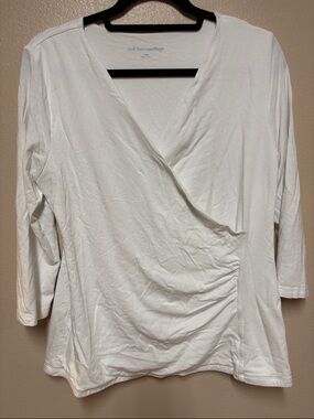 Soft Surroundings White Faux-Wrap 3/4 Sleeve Top with Side Ruching